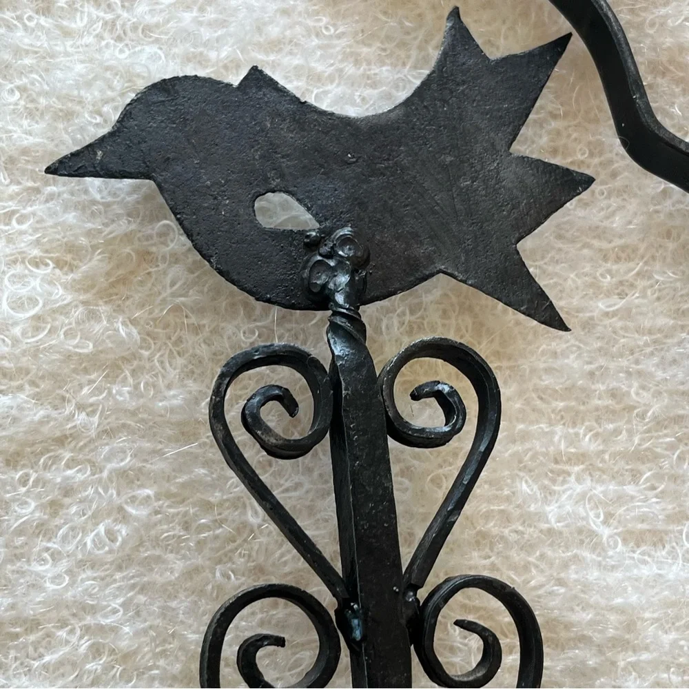 Vintage ?Antique Forged Iron Rack Hand Wrought Primitive Hanging Hooks w Birds